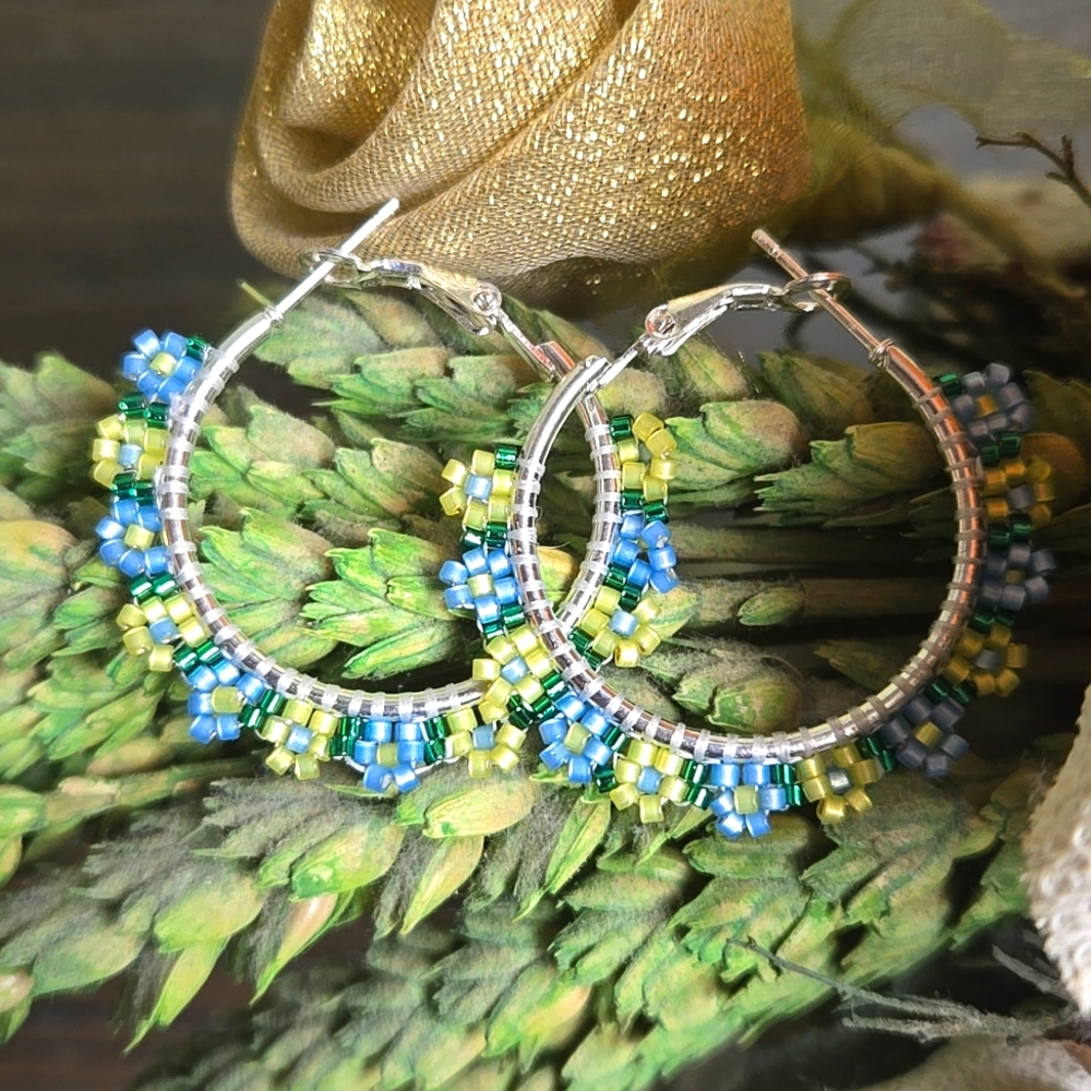 Delicately handcrafted Miyuki beaded hoop earrings Hypoallergenic Silver tone